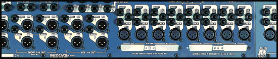 Gambar 2. Tampak belakang mixer, menunjukkan konektor modul input mono, modul input stereo, modul aux, matrix, subgroup, dan modul master.